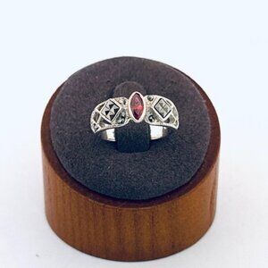 Art Deco Sterling Silver 925 Garnet Marcasite Ring Size 6.5 Estate Vintage Old